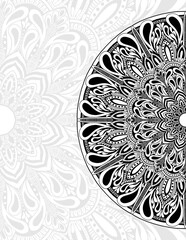 Black and white mandala adults coloring book cover. Illustration mandala pattern black and white color copy space background. Mandala background use for coloring book pages or cover, templates, cards.