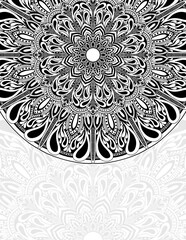 Black and white mandala adults coloring book cover. Illustration mandala pattern black and white color copy space background. Mandala background use for coloring book pages or cover, templates, cards.