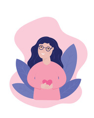 happy girl in glasses with a heart in her hands, self-acceptance and self-love