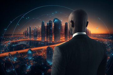 Businessman on technological cityscape background. Back view. Generative AI