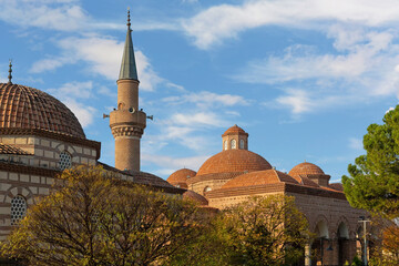 Iznik city museum and Seyh Kutbuddin and its son tomb made of red bricks wall at sunny day. Iznik...