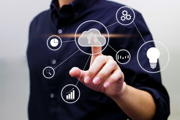 The man use finger touch virtual screen. Business and technology concept.