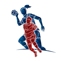 Handball Sport Male and Female Players Team Mix Action Cartoon Graphic Vector