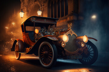 vintage steampunk car on the city street at night, Generative AI