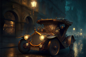 vintage steampunk car on the city street at night, Generative AI