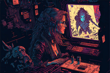 highly detailed graphic illustration of a moody urban cyberpunk interior scene with beautiful mysterious gritty woman rendered with generative ai in a bright, bold and colorful neo-noir manga style