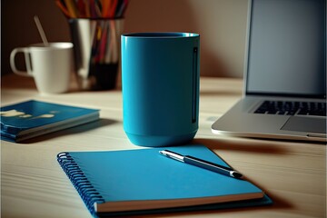 Notebook Mockup , Cup on table, window, laptop , Ai Generative