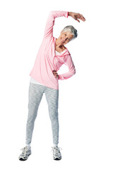 Senior woman, portrait or stretching on isolated white background in exercise, workout and training for body wellness. Smile, happy or retirement elderly in warm up for fitness pain relief on mock up