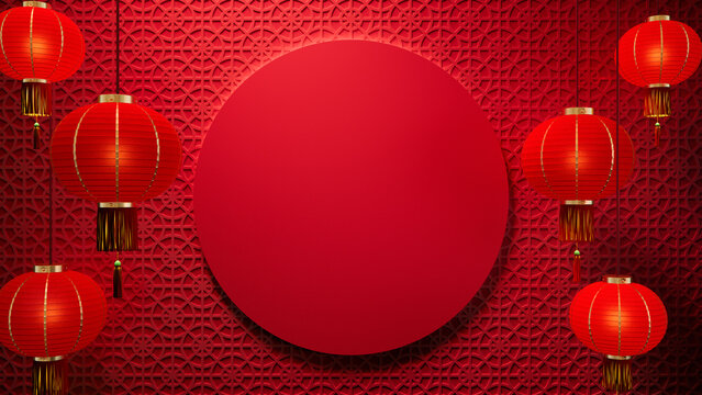 Red Asian Design Background, with Circle Frame and Lanterns on 3D Pattern. Lunar New Year Template with copy-space.