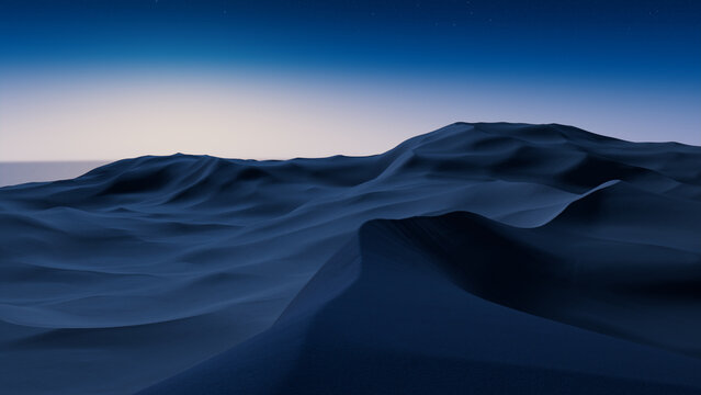 Rolling Sand Dunes form a Surreal Desert Landscape. Dawn Background with Blue Gradient Starry Sky.