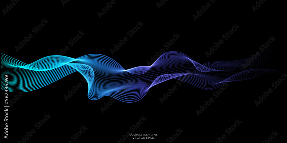Poster vector abstract light lines wavy flowing dynamic in blue green colors isolated on black background f