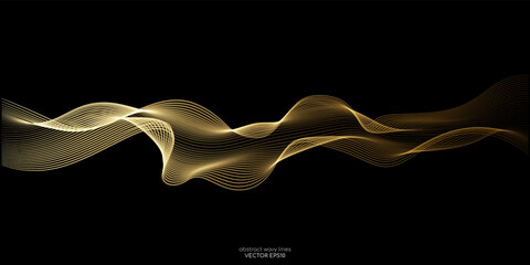 Vector abstract light lines wavy flowing dynamic in gold gradient colors isolated on black background for concept of luxury, technology, energy, electric, digital, 5G, science, music