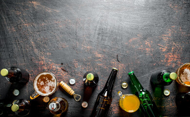 Beer in bottles and glasses.