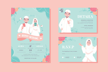 cute wedding invitation with islamic couple character template design