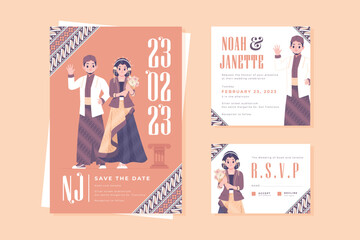 traditional batik wedding invitation with couple character template design