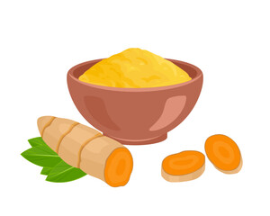 Turmeric set. Vector root, slices, green leaves  and powder in bowl isolated on white background. Vector illustration of healthy food in flat, simple style. Cooking spice ingredient.