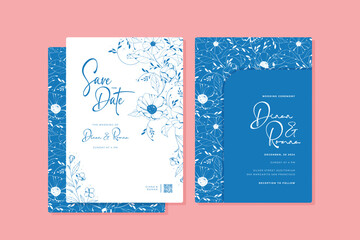 blue ink wedding invitation with floral design template vector