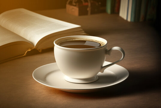 A white cup of hot coffee starting your day on table with sunrise in the morning background. Generative ai.