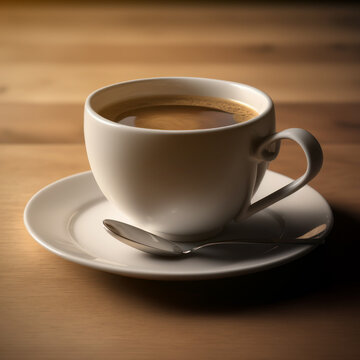A white cup of hot coffee starting your day on table with sunrise in the morning background. Generative ai.