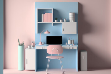 Pastel color tone minimal cozy home work space for work at home interior decoration inspire background. Graphic design illustration generative ai.