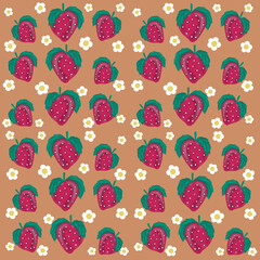 seamless pattern with strawberries red strawberries with green leaves,blooming strawberry flowers,juice packaging,jam packaging,flyer,business card,textile printing