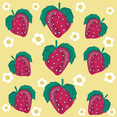 seamless pattern with strawberries red strawberries with green leaves,blooming strawberry flowers,juice packaging,jam packaging,flyer,business card,textile printing 