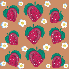 seamless pattern with strawberries red strawberries with green leaves,blooming strawberry flowers,juice packaging,jam packaging,flyer,business card,textile printing