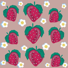 seamless pattern with strawberries red strawberries with green leaves,blooming strawberry flowers,juice packaging,jam packaging,flyer,business card,textile printing
