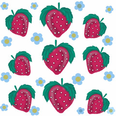 seamless pattern with strawberries red strawberries with green leaves,blooming strawberry flowers,juice packaging,jam packaging,flyer,business card,textile printing