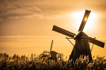 sunset silhouette of iconic windmills in Kinderdijk Netherlands. Landmark functional buildings originally made to pump flood water out of low land polder to preserve farm land reclaimed from the sea