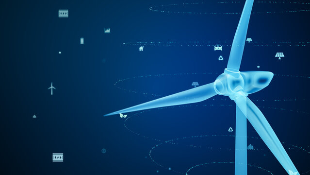 Wind turbine eco technology concept with green environment icon, renewable energy generate from alternative electric source, Innovative windmill sustainable development background 3D illustration