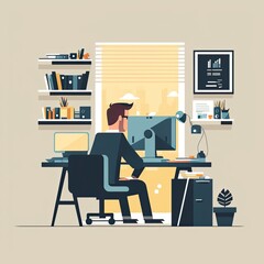 Man working with computer at the table. Generative AI