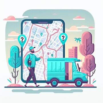 Business online delivery concept. Delivery man and mobile phone online map navigation application. Generative AI