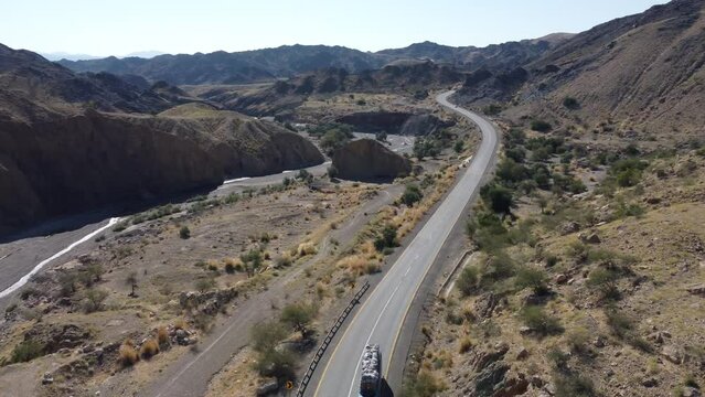 Aerial View Of Truck Driving Along Highway N-25 In Baluchistan 