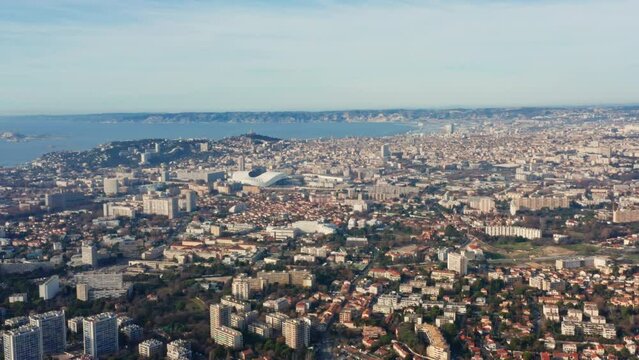 Drone pan view of Marseille city in France