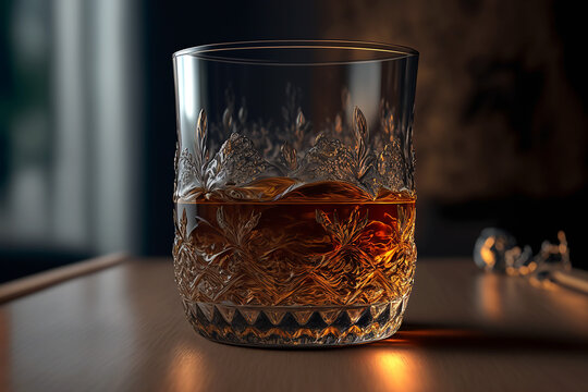 Illustration 3d, Verre De Whisky Sur Un Plan De Travail En Bois. Ai Generated 