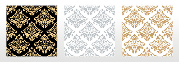 Fototapeta premium Wallpapers in the style of Baroque. Seamless vector backgrounds. Set of colored floral ornaments. Graphic patterns for fabric, wallpaper, packaging. Ornate Damask flower ornaments