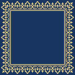 Decorative frame Elegant vector element for design in Eastern style, place for text. Floral golden and dark blue border. Lace illustration for invitations and greeting cards
