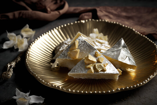 Kaju Katli, a well known Indian sweet in selective focus, is a rich and diamond shaped burfee slice prepared with hand selected cashew nuts and garnished with silver leaf in a gold bowl. Generative AI