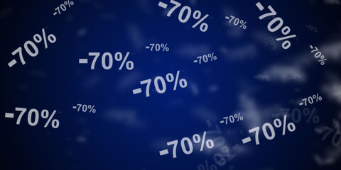 Abstract dark blue background with flying -70% discount symbols