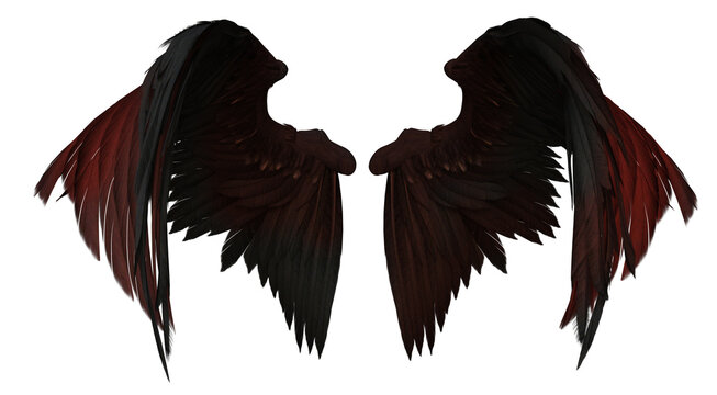 3D Rendered Black-Red Fantasy Angel Wings Isolated On Transparent Background - 3D Illustration