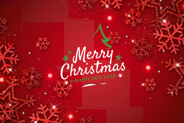 Merry christmas greeting card with red snowflakes background