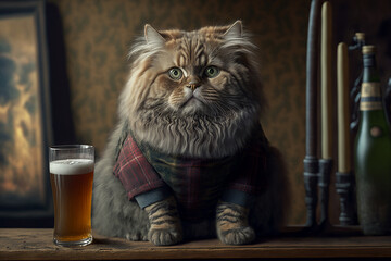 british longhair cat in a tartan suit enjoying a pint of beer at the pub, funny party animals, created with generative AI technology - obrazy, fototapety, plakaty