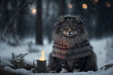norwegian forest cat in a winter scene warming up in front of a campfire, funny creative animal scene, generative AI - obrazy, fototapety, plakaty