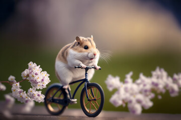 funny little hamster riding a tiny bicycle in a field of flowers, generative AI - obrazy, fototapety, plakaty