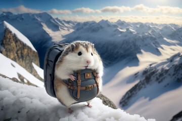 adventurous little hamster hiking over snow capped mountains, generative AI