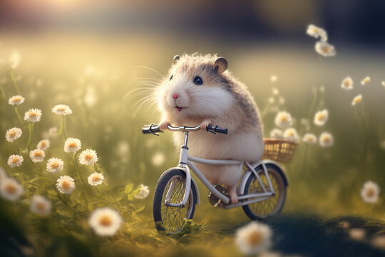 funny little hamster riding a tiny bicycle in a summery field of flowers, generative AI