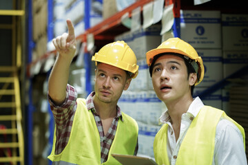 Warehouse manager with safety  equipment pointing towards to storage shelf in factory indoors warehouse and explain job detail to worker after inspection and planning for import export logistic