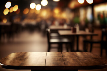 Fototapeta premium wooden table in a cafe, restaurant or bar, empty scene with bokeh lights background, copy space, Generative AI