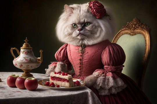 noble looking persian cat in a historical dress at a fancy tea party, funny animal scene, generative AI